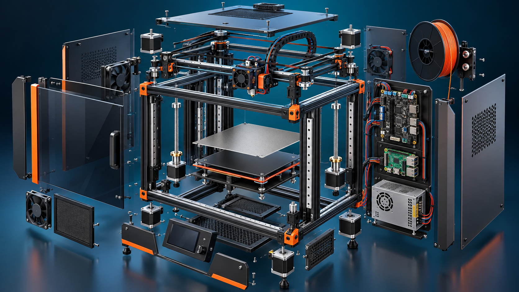 DIY CoreXY 3D yazıcı bileşenlerinin patlatılmış görünümü